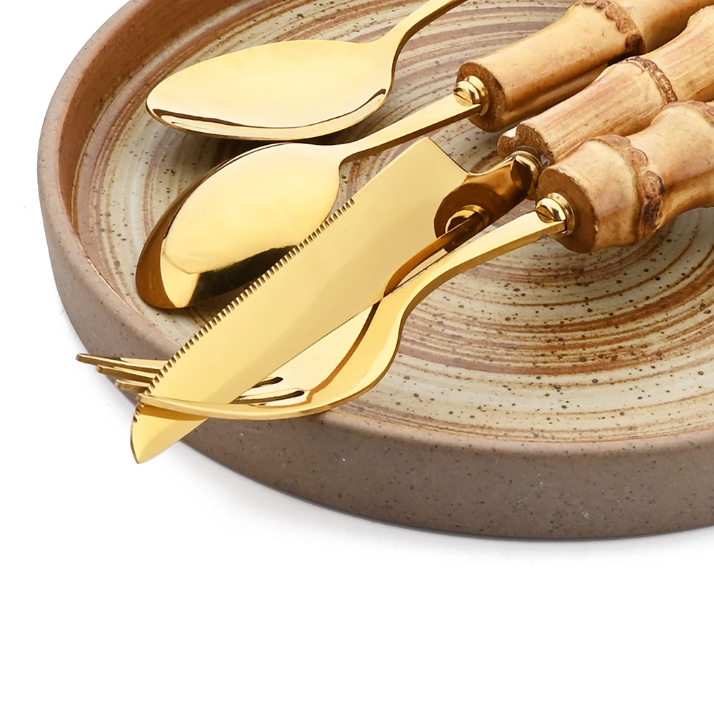 4/16/24/32 pezzi creativo manico in bambù naturale set di stoviglie set di stoviglie in acciaio inossidabile coltello da cucina forchetta cucchiaio set di posate 3