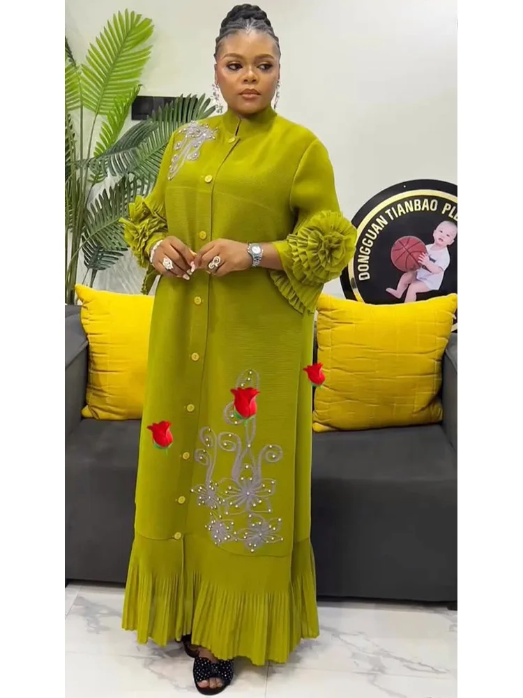 ANLAN Stampa di moda Abito lungo a pieghe Donna Risvolto Maniche floreali Design Monopetto Abiti a trapezio 2025 Estate Nuovo 5AN6018 1