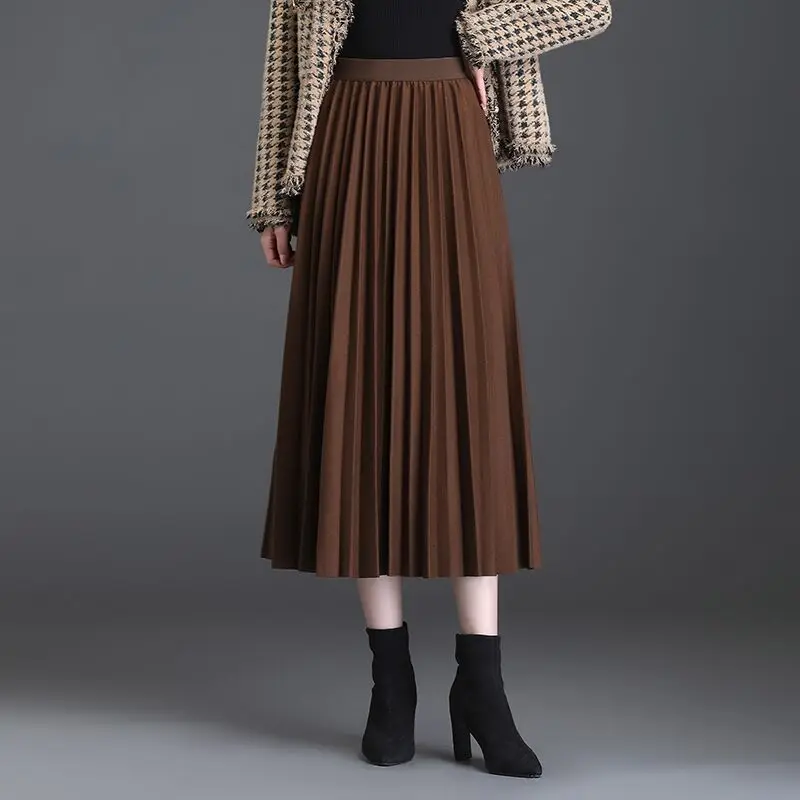 Nuova gonna a pieghe tinta unita a vita alta autunno inverno tutto-fiammifero sciolto gioventù Vintage gonna a trapezio moda elegante abbigliamento donna 3