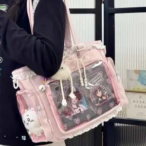 Borsa Ita con nastro da donna dolce giapponese Borsa tote di grande capacità alla moda Borsa a tracolla estetica Borse trasparenti per ragazza Lolita carina 1
