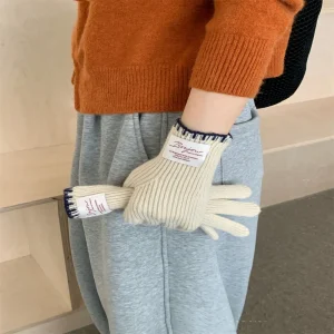 Guanti di lana lavorati a maglia in tessuto standard, bordo di bloccaggio alla moda Guanti touch screen per dita con perdite calde invernali versatili da donna 1