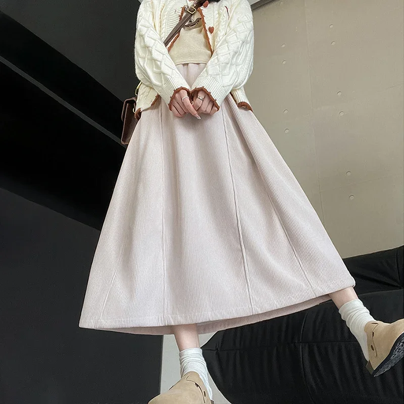 2025 Gonne lunghe in velluto a coste vintage Donna Elastico in vita Harajuku Gonna longuette grande altalena Autunno Inverno Abiti da donna popolari coreani 3