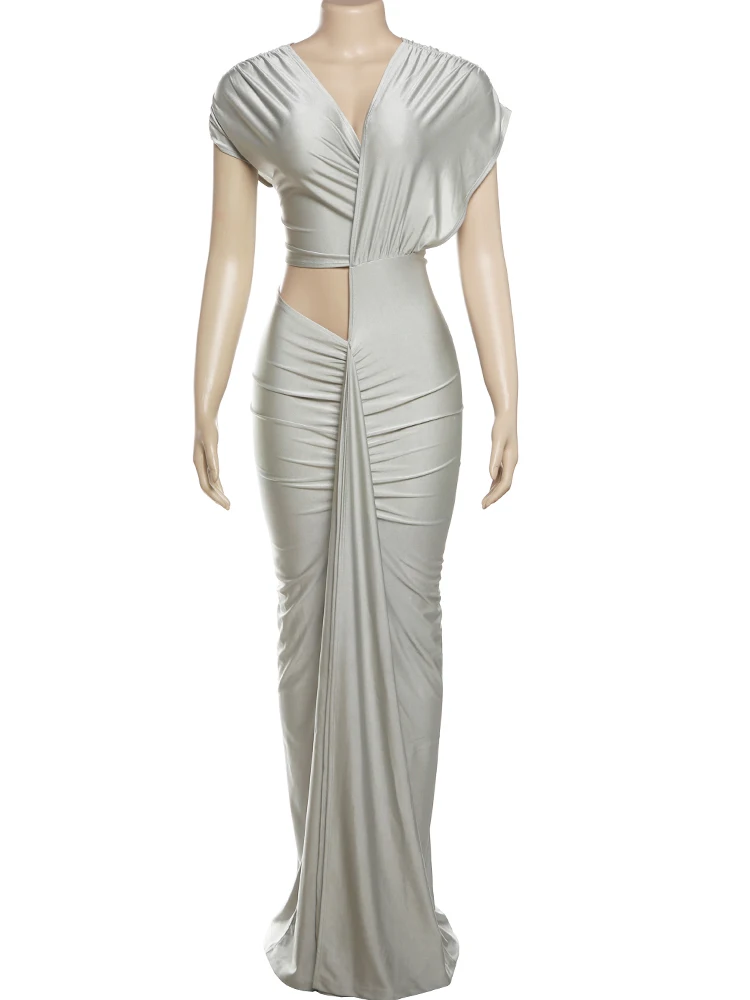 Strano gatto irregolare vestito cavo da donna increspato colletto diagonale pantaloncini manica senza vita spacchi tendenza di strada elegante lungo aderente 6