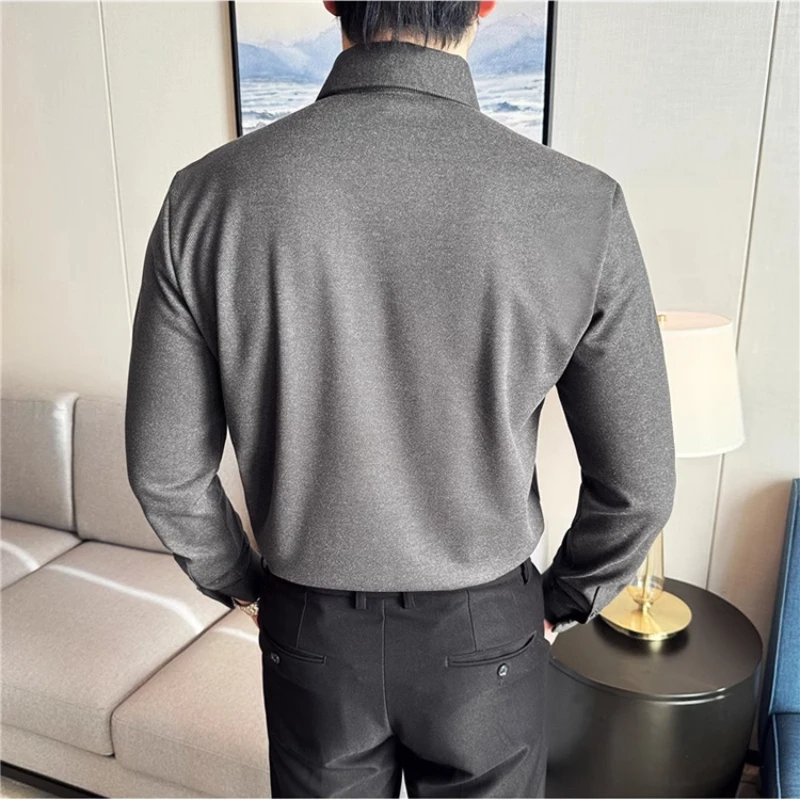 Camicia invernale in lana spessa, camicia casual di alta qualità con scollo a V da uomo senza cuciture, top da lavoro marrone 2