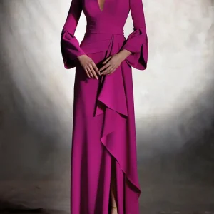 Freeacy Abito da donna lungo fino al pavimento Abiti da festa da sera eleganti per donna Abito vintage a pieghe a vita alta con scollo a V profondo 1