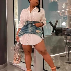 CM.YAYA Vintage donna manica lunga colletto rovesciato camicia stile camicetta vestito con Denim Jean minigonna irregolare due 2 pezzi Set 1