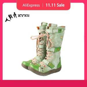 TMA EYES Stivale da donna caldo invernale piatto in pelle PU lavata con cinturino e taglie forti 1