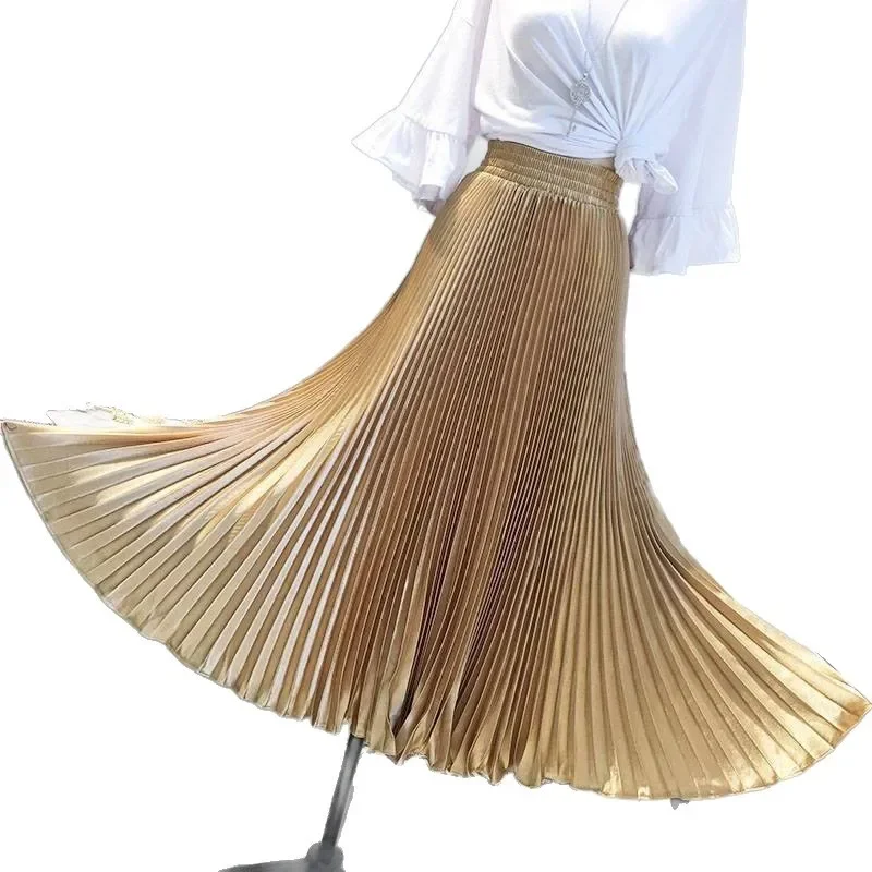 Vendita calda della stagione delle nuove donne lungo raso metallo lucentezza gonna a pieghe mezza lunghezza gonna a fisarmonica abito lungo fino al pavimento Fashionab 5