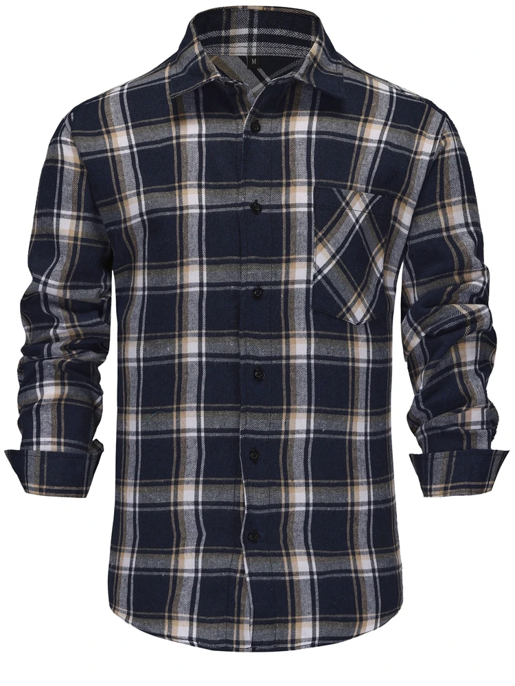 M-3XL Camicie da uomo in flanella di puro cotone Manica lunga Tasca singola Plaid casual Spessore morbido e accogliente Camicie spazzolate Camicetta Abbigliamento uomo 1