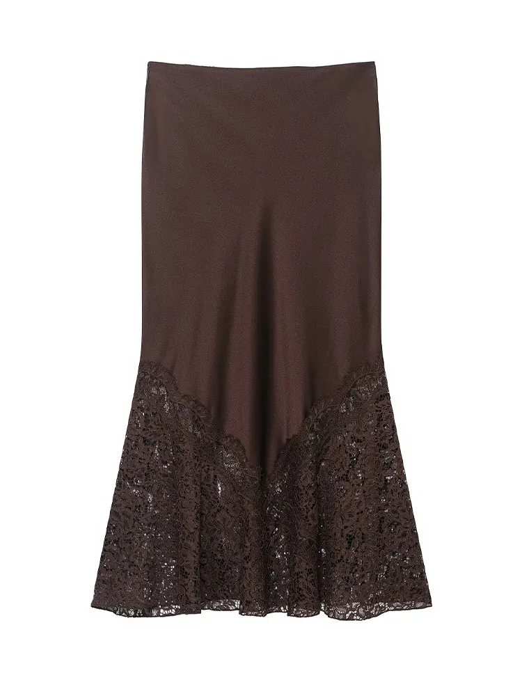 HH Gonna da donna in raso di seta di pizzo Moda con cerniera pieghettata Orlo con spacco Decorazione Gonna lunga marrone Gonna sottile da banchetto elegante femminile 3