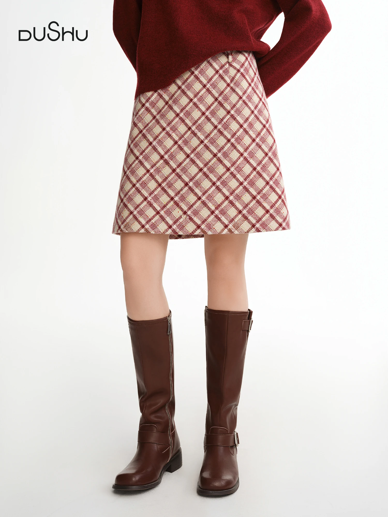 DUSHU 【Lovely Christmas】 Elegante gonna corta rossa taglie forti Vintage Retro Diamond a quadretti 2025 Inverno Nuove gonne moda donna 1