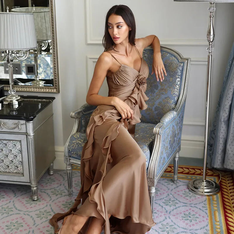 Abito lungo senza maniche senza spalline con volant a fiori eleganti per le donne Abiti slim con scollo a V senza schienale Lady Party Club Outwear Robe Vesti 3