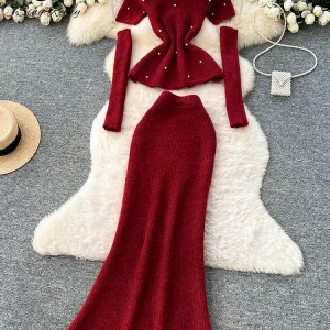 SINGREINY Streetwear Maglione di Cachemire Abiti da Donna Che Borda Oversleeve Maglia Pullover + Gonne Lunghe Elastiche Autunno Perla Set Lavorato a Maglia 1