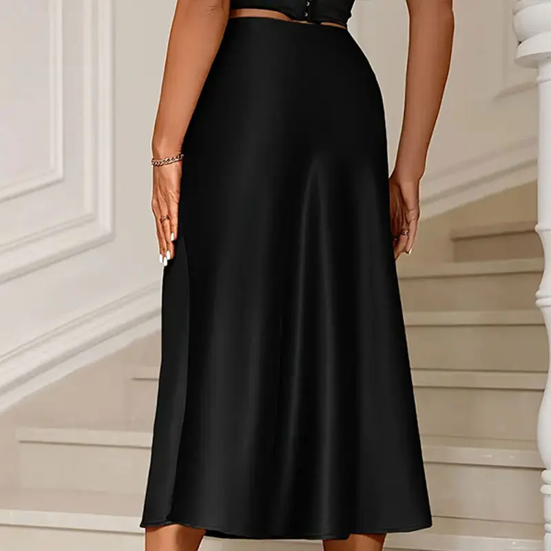 Gonna longuette a pieghe tinta unita in raso moda donna Gonna longuette vintage a metà elastica in vita femminile Chic Lady Gonna a tubino coreana come la seta 4