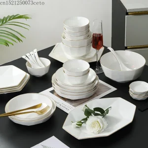 Stoviglie in ceramica placcata oro con diamanti di lusso nordici Ciotola per riso e ciotola per noodle Piatti per verdure e pesci Set di posate 1