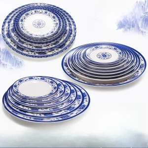 Piatto in melamina blu e bianco Piatto principale circolare per ristorante Utensili da cucina per la casa Piatto rotondo Piatto self-service 1