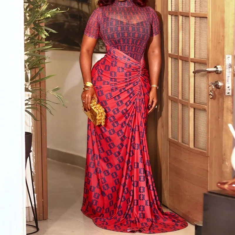 Dolcevita impiombato in garza da donna, manica corta, cintura pieghettata, abito lungo irregolare, fianchi avvolti 6