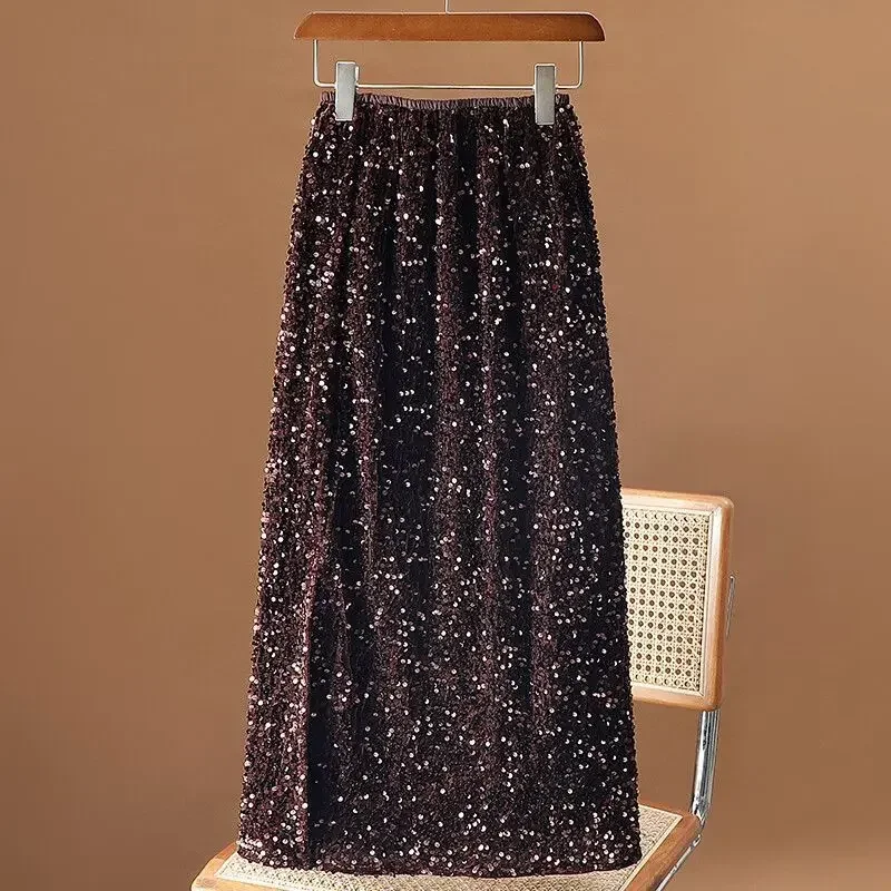 Faldas Mujer Moda 2025 Vita alta Dritto Avvolto Fessura dell'anca Elastico Rosa Gonne con paillettes Vintage Nero Stile coreano Autunno 5