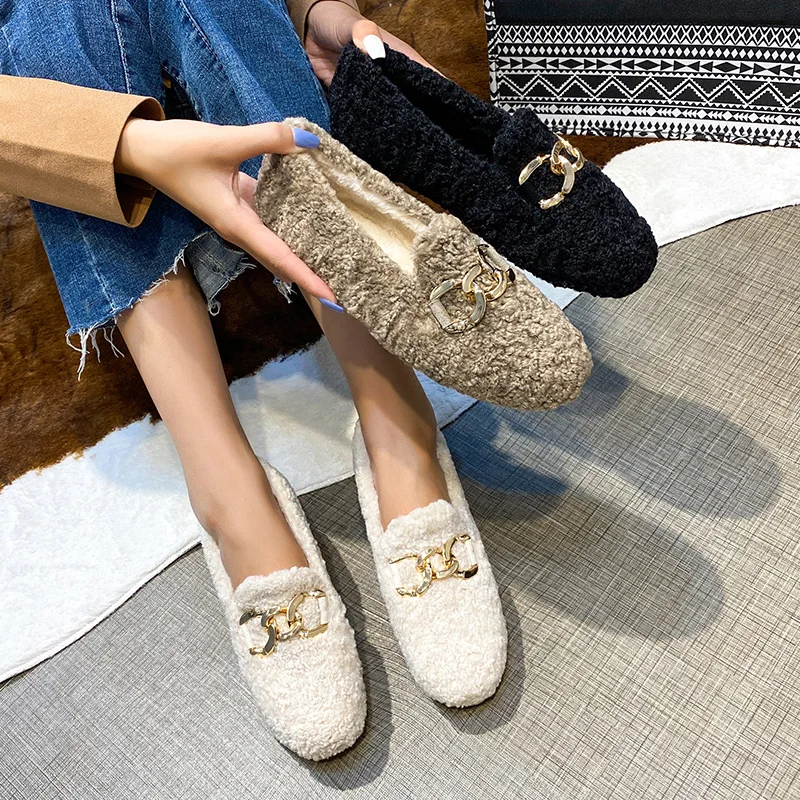2025 Lana d'agnello Appartamenti Donna Catena Mocasines Femme Slip On Shearling Stivali Donna Inverno Ricci Mocassini pelosi Donna Scarpe di cotone 2
