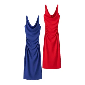 Abito senza spalline midi decorativo piegato Abito gonna al ginocchio Vita ampia senza maniche Abito alla moda da donna 1