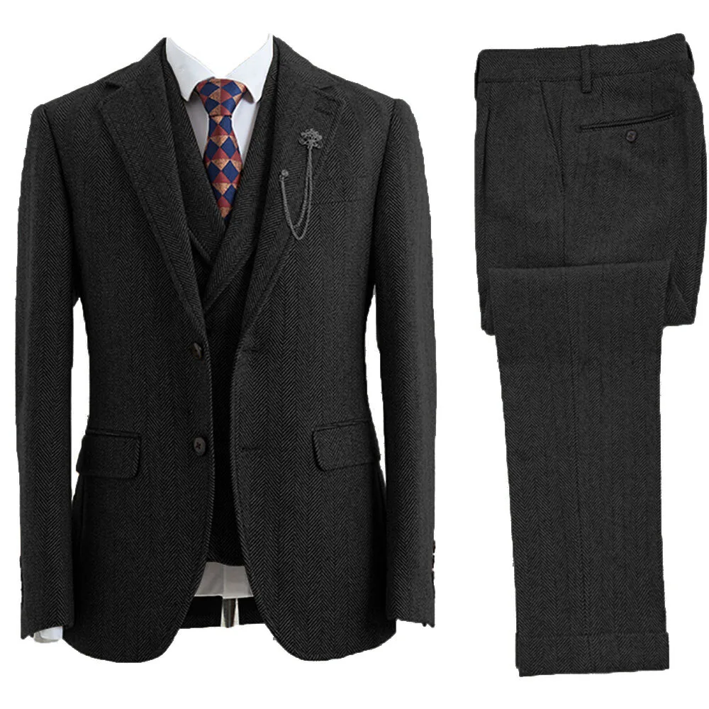 Abiti eleganti da uomo 3 pezzi Abiti da uomo in tweed Abiti da smoking con risvolto a punta per uomo Blazer Gilet e pantaloni Set Abiti da sposa 4