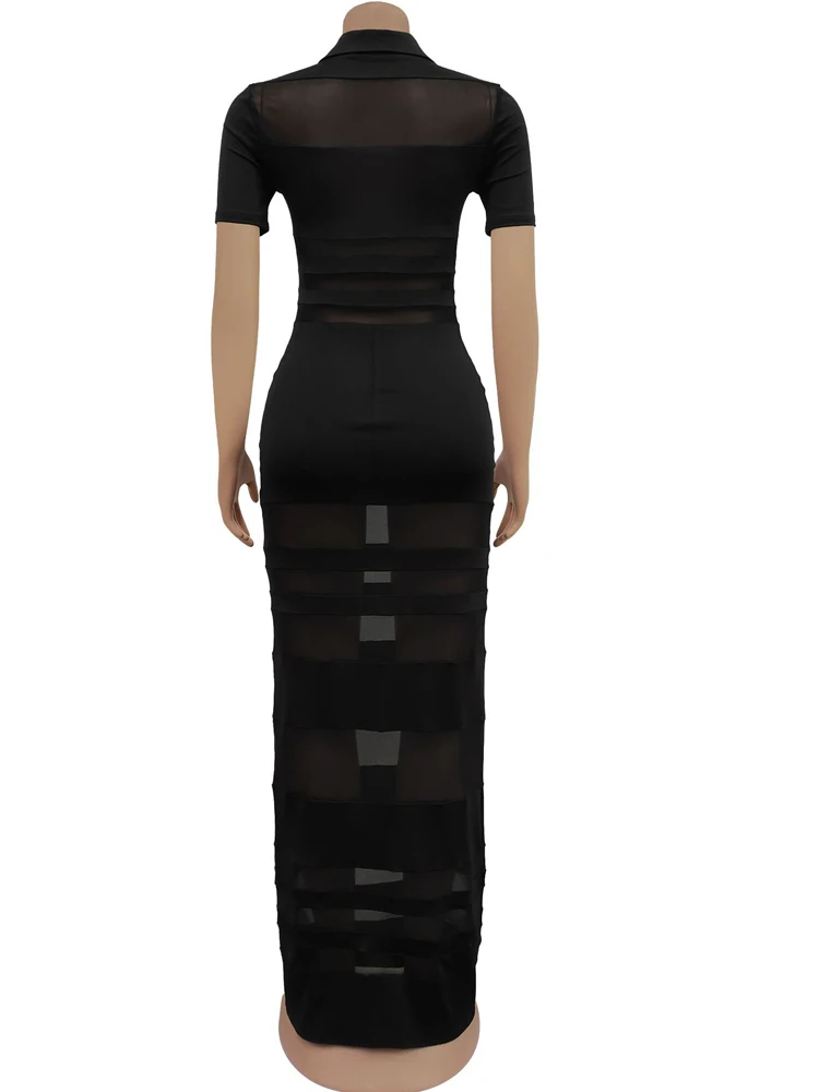 Beyprern Abito lungo polo trasparente a righe trasparenti da donna Colletti rovesciati sexy Abiti da festa in gabbia Night Out Vestido Clubwear 5