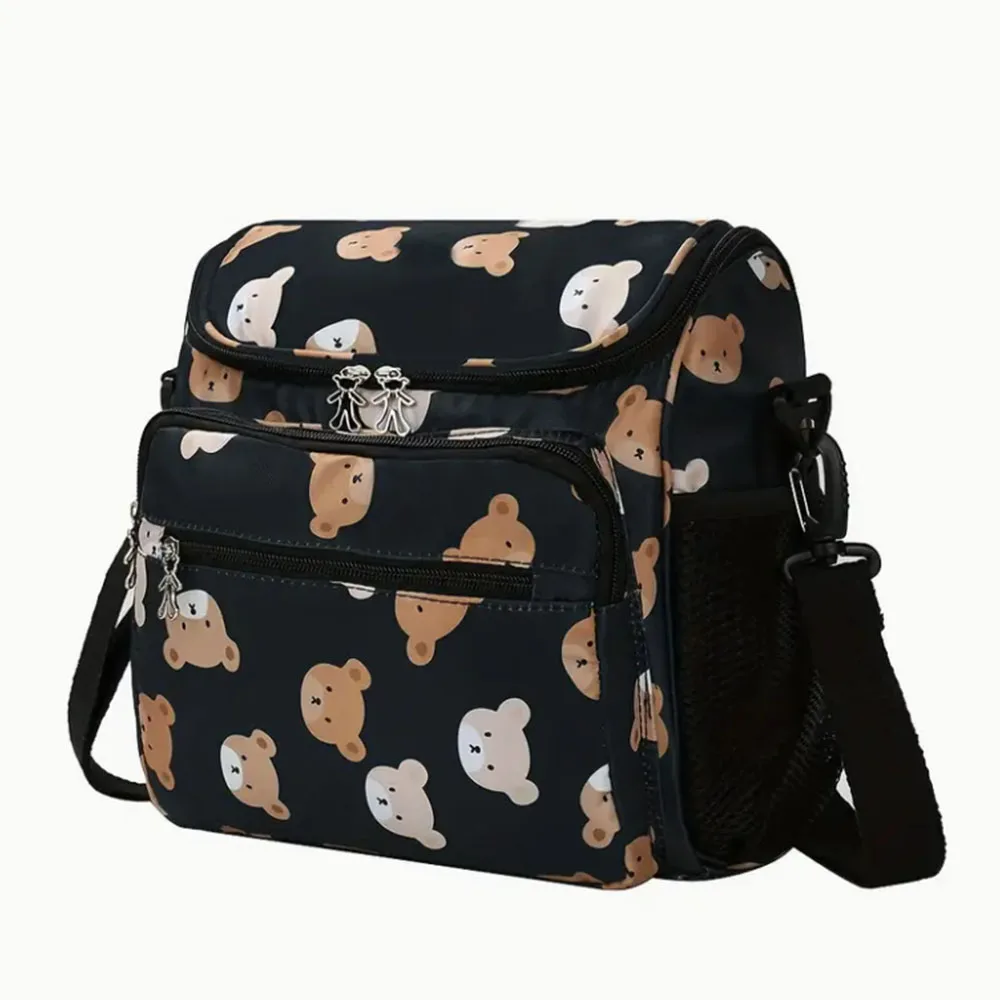 Spaziosa borsa per pannolini grande, borsa per pannolini beige di alta qualità con stampa di orsi carini | Borsa genitore a spalla e a tracolla per bottiglie, 1