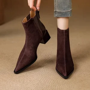 Stivaletti con tacco spesso da donna autunno inverno eleganti cerniere posteriori scarpe moderne in pelle scamosciata con giunture corte Botas Para Mujer 1