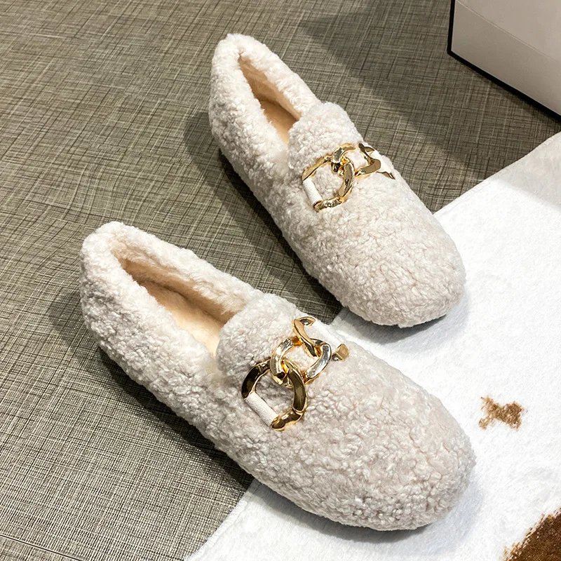 2025 Lana d'agnello Appartamenti Donna Catena Mocasines Femme Slip On Shearling Stivali Donna Inverno Ricci Mocassini pelosi Donna Scarpe di cotone 1