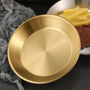 Piatto per pizza coreano in acciaio inossidabile addensato e approfondito, piatto rotondo per buffet da pasticceria a fondo piatto grande dorato 1