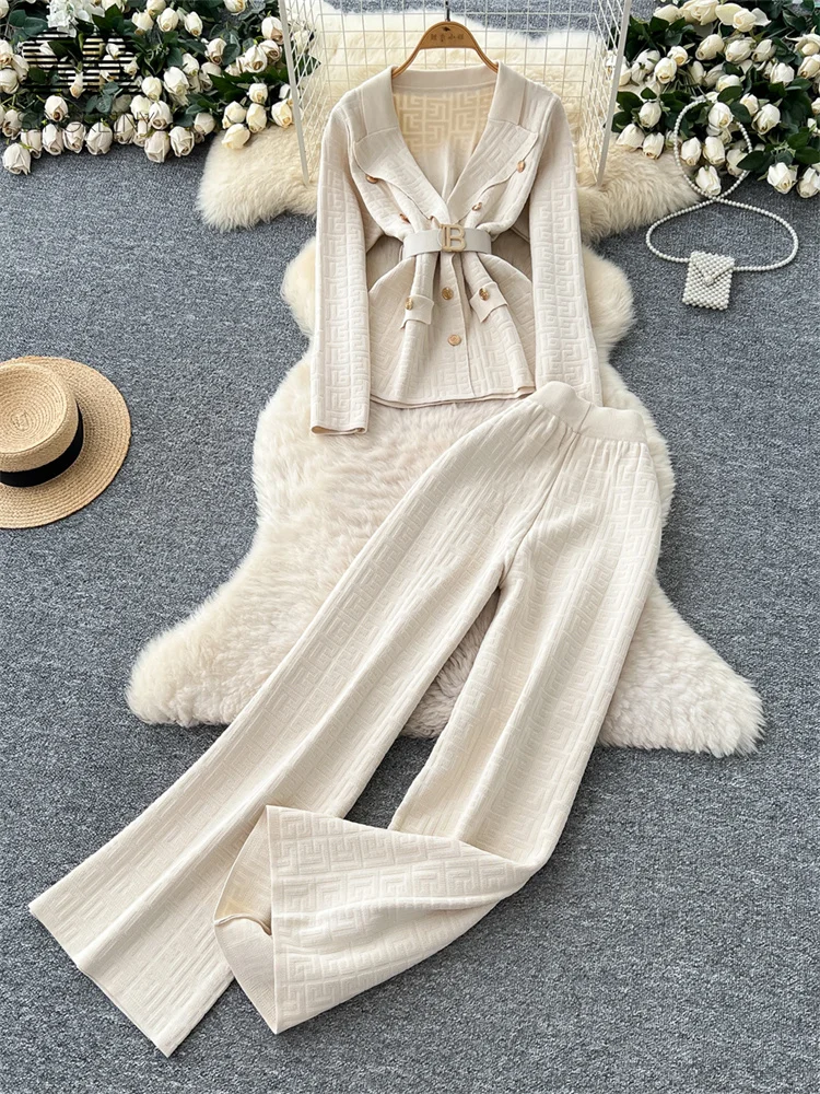 SINGREINY Office Lady Abiti lavorati a maglia Donna Manica lunga Colletto dentellato Top + Pantaloni a gambe larghe Donna Inverno Moda Spessa 2 pezzi Set 6