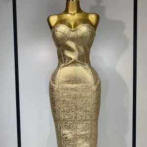 Abito da donna sexy con fasciatura aderente senza spalline in oro 2025 Moda Festeggia il vestito da cerimonia nuziale di compleanno di lusso per feste serali 1