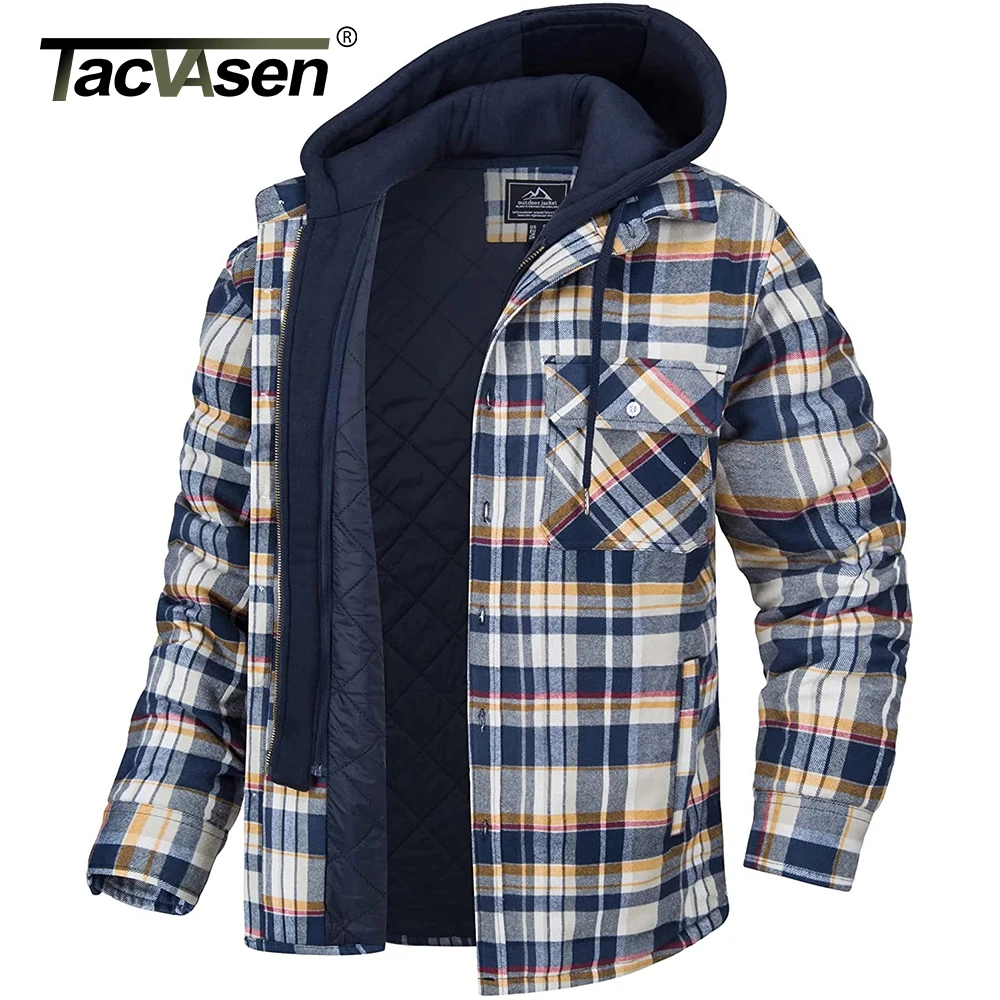 TACVASEN camicia di flanella da uomo giacca con cappuccio rimovibile Plaid trapuntato foderato cappotti invernali felpa con cappuccio spessa Outwear uomo camicie in pile 6
