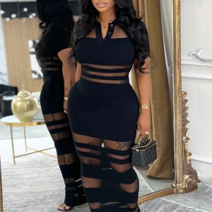 Beyprern Abito lungo polo trasparente a righe trasparenti da donna Colletti rovesciati sexy Abiti da festa in gabbia Night Out Vestido Clubwear 1