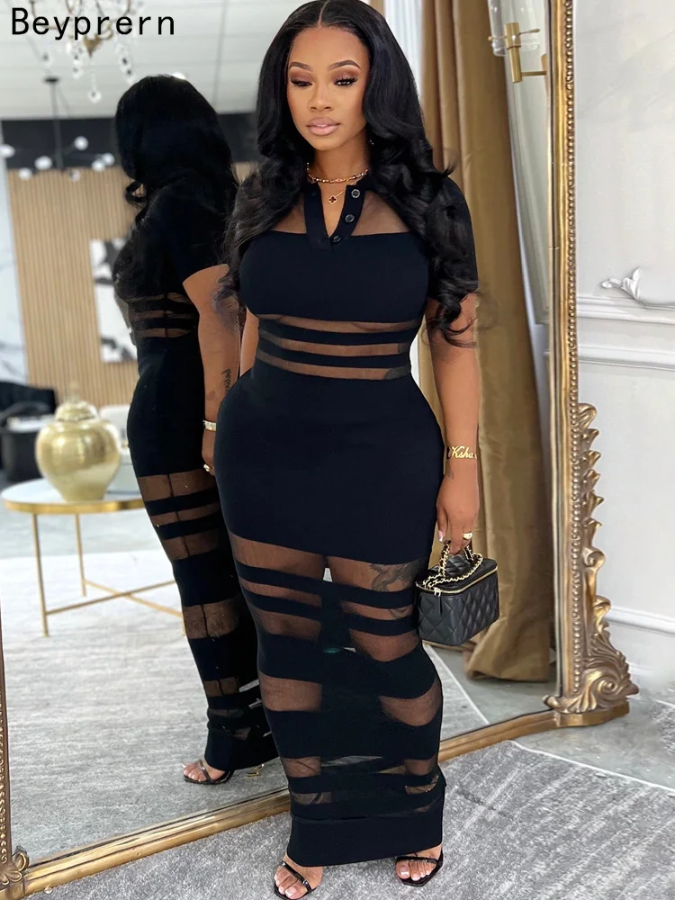 Beyprern Abito lungo polo trasparente a righe trasparenti da donna Colletti rovesciati sexy Abiti da festa in gabbia Night Out Vestido Clubwear 1