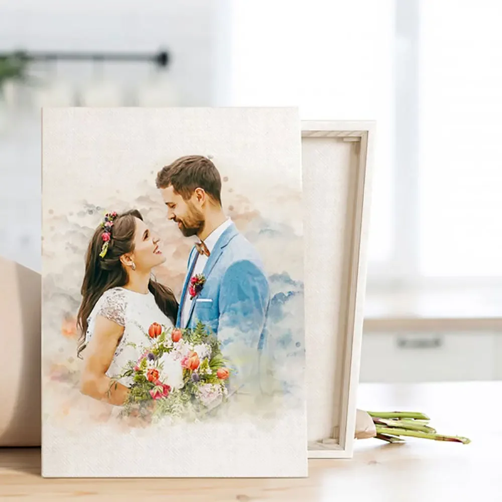 Pittura di matrimonio ad acquerello personalizzata da foto Ritratto personalizzato su tela Coppie Arte Regalo di anniversario romantico Stampa Poster 2