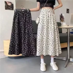 Gonna longuette a trapezio con stampa floreale in stile francese Vita alta che dimagrisce taglie forti Gonna a metà corpo con sensazione sospesa vintage fresca estiva 1