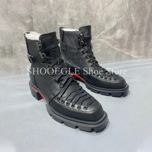 Stivali da uomo con Design allacciato alla moda stivaletti quadrati piccoli in stile britannico nero Casual scarpe da uomo autunno inverno alte 1