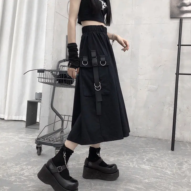Gonne cargo a vita alta Donna Harajuku 2025 Allentato A-line Tasca Midi Gonna lunga nera Hip Hop Moda Streetwear OverSize 2