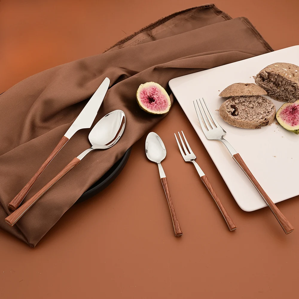 Western 6/30Pcs manico in legno imitazione posate coltello torta forchetta cucchiaio da tè posate Set di stoviglie in acciaio inossidabile argento marrone 2