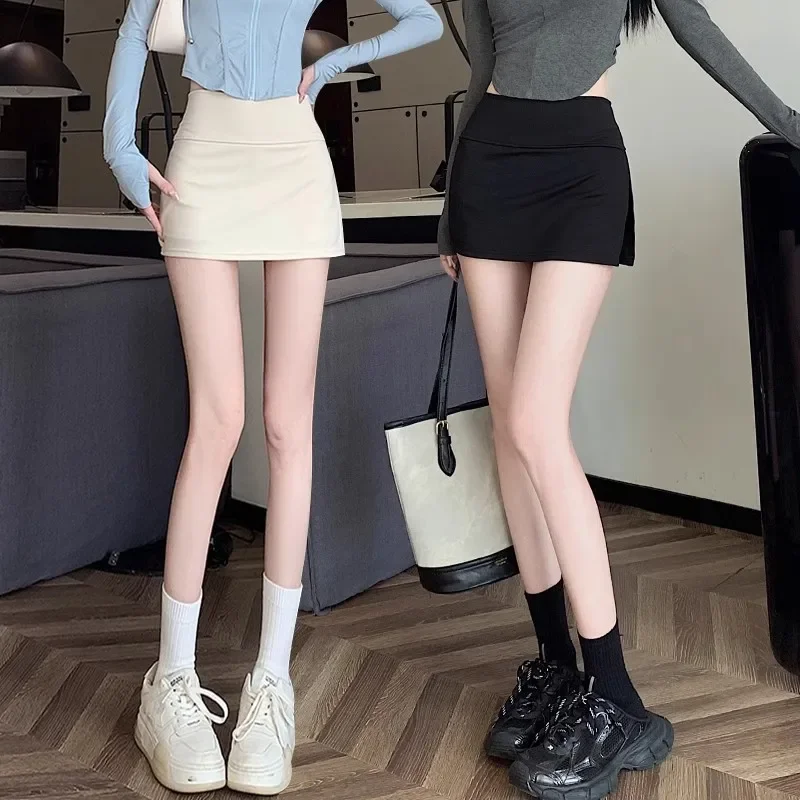 Minigonna nera asimmetrica a vita alta per donna Primavera Estate Gonna corta a trapezio con spacco aderente Gonna step-in per ragazza calda 4