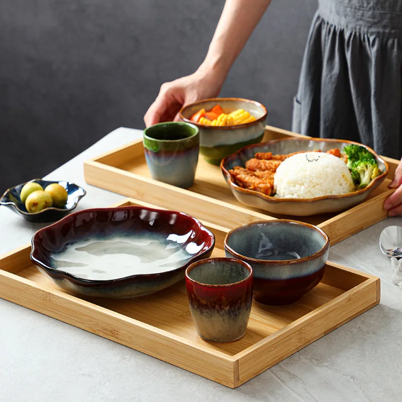 Stoviglie irregolari retrò giapponesi stoviglie in ceramica per la casa piatto/ciotola/piatto Set piatto in ceramica stoviglie stoviglie festa di compleanno 2