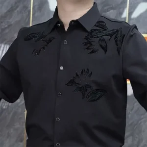 Autunno Inverno Collo alto Aggiungi stampa peluche Camicia con fondo da uomo Manica lunga Diamoni Nero Top Homme Camicetta cardigan moda casual 1