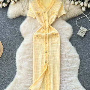 SINGREINY Abbigliamento da lavoro Abito lavorato a maglia elastico Donna Maniche corte Design monopetto 2025 Abito lungo estivo coreano vintage diviso 1