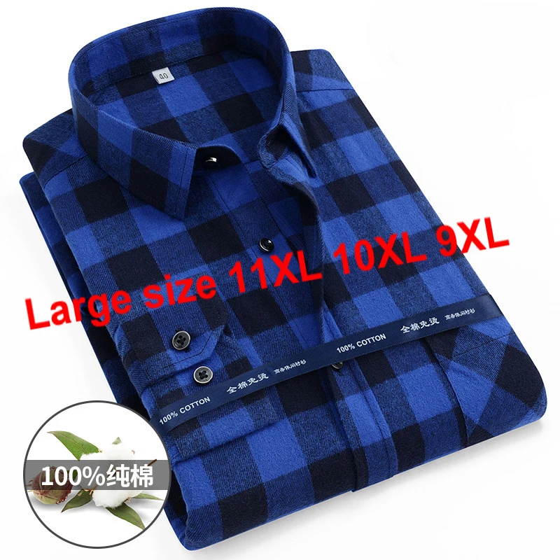 Taglia 11XL 10XL 9XL Camicie scozzesi in flanella moda per uomo Camicetta casual in cotone a maniche lunghe Camicia morbida standard Abbigliamento maschile 3