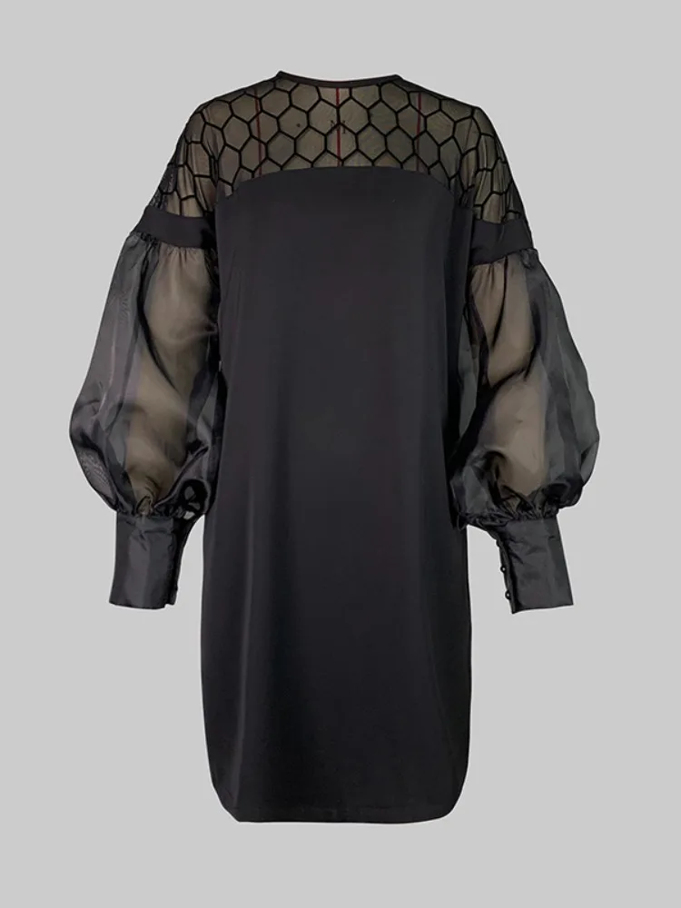 UOOZEE Urban Female Fashion Hollow O-Collo Party Evening Mini abiti 2025 Nuovo trasparente manica a sbuffo elegante ufficio abito nero 5