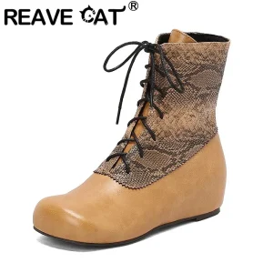 REAVE CAT 2025 Stivaletti da donna con punta tonda in pelle scamosciata di lusso Tacco 4 cm Stringati Multicolor Taglie forti 46 47 48 49 50 Data Giallo 1