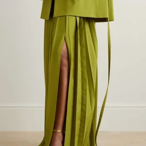 Beautyblue Elegante gonna a pieghe verde retrò Gonne lunghe da donna Moda ampia a vita alta con lato diviso con cintura Pantaloni di lusso 1