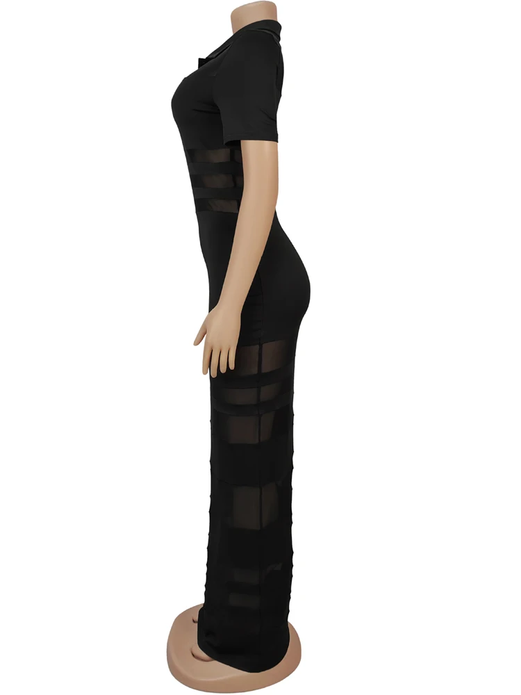 Beyprern Abito lungo polo trasparente a righe trasparenti da donna Colletti rovesciati sexy Abiti da festa in gabbia Night Out Vestido Clubwear 4