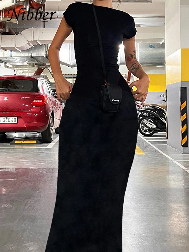 Nibber Solid Sexy Backless Maxi Dress Donna Elegante Elastico Sottile Manica corta Abiti lunghi Donna Aderente Abbigliamento streetwear 2